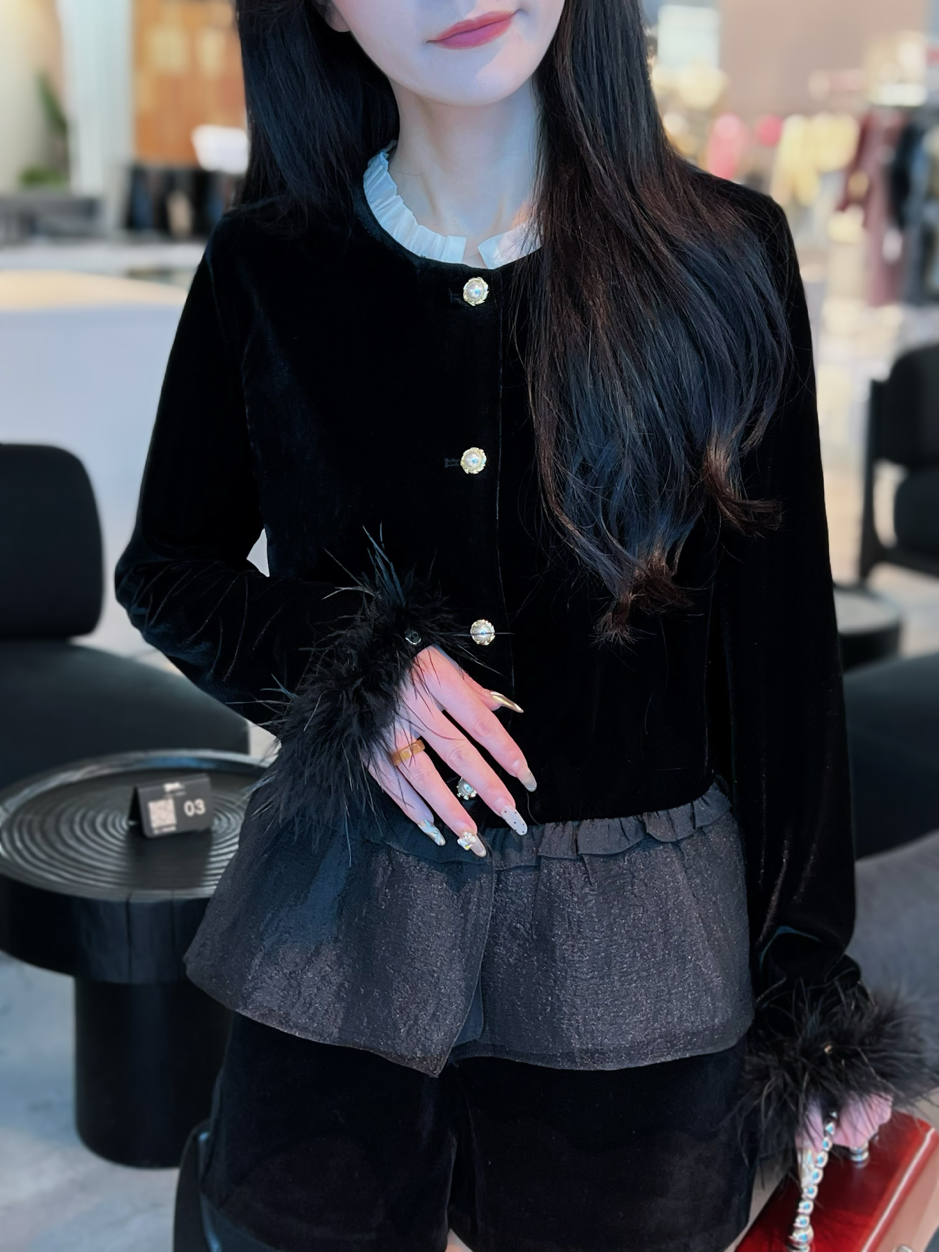 新中式秋季荷叶领小香风长袖拼接时尚金丝钉珠女装上衣----68020