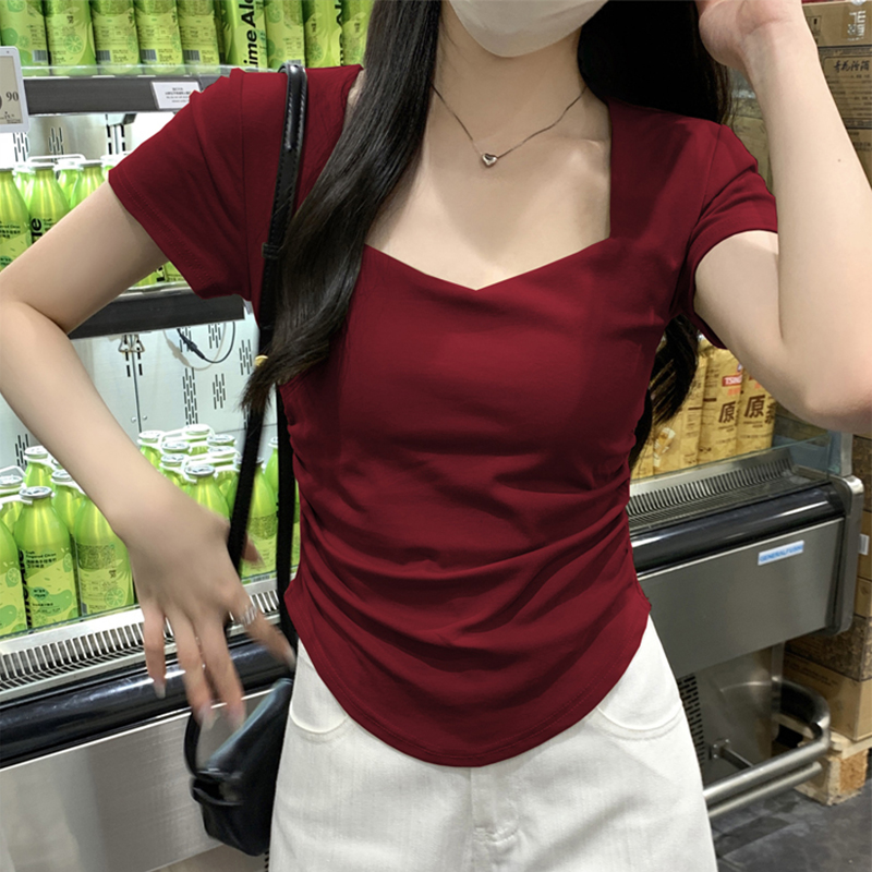 辣妹修身正肩t恤女短袖桃心领弧形摆春夏新款小心机百搭打底上衣