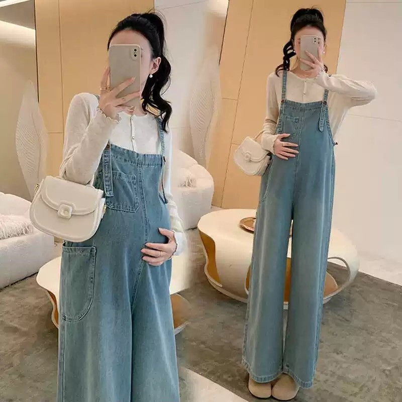 2025孕妇装春秋装背带裤秋季新款复古牛仔阔腿裤抽绳孕妇连体裤子