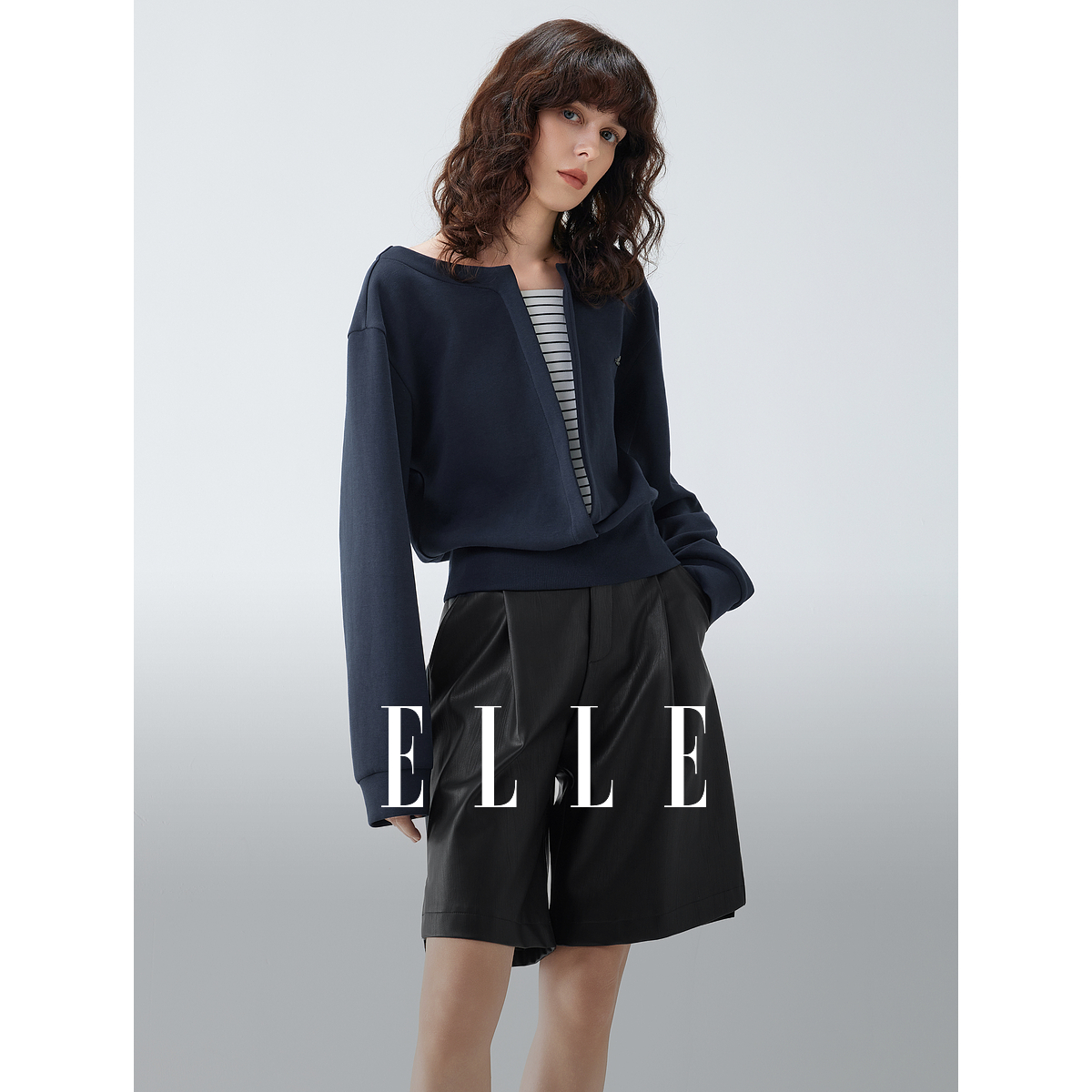 ELLE藏青色假两件卫衣女2025秋季新款洋气宽松拼接EW51916