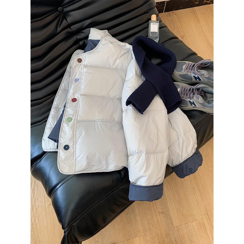 配围巾韩系温柔彩虹扣百搭宽松小个子撞色棉服女秋冬