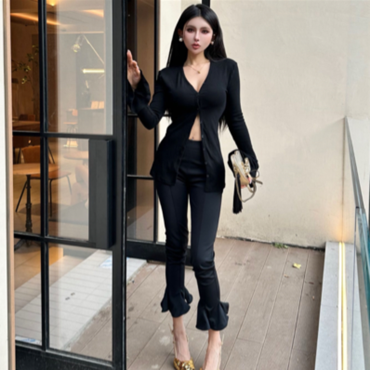 【必入单品长在美女心尖小黑裤】原创设计荷叶边高腰九分喇叭裤