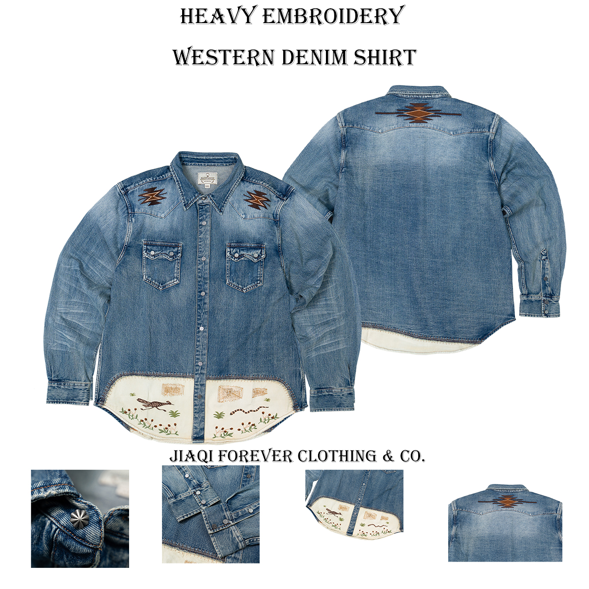 非RRL 走鹃鸟刺绣复古修身做旧秋冬男士纯棉加厚长袖西部牛仔衬衫