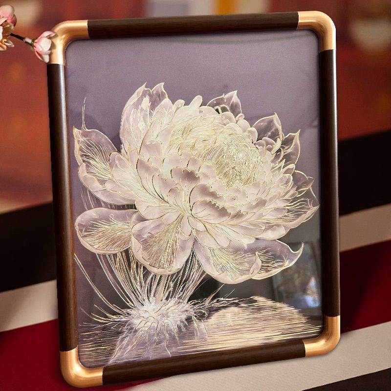 新中式荷花皮革肌理立体玄关走廊客厅玄关装饰画荷花