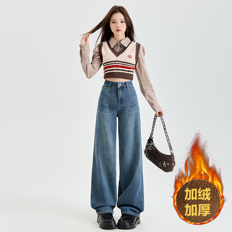 秋冬加绒阔腿牛仔裤女2025新款高腰宽松梨形身材窄版显瘦直筒裤