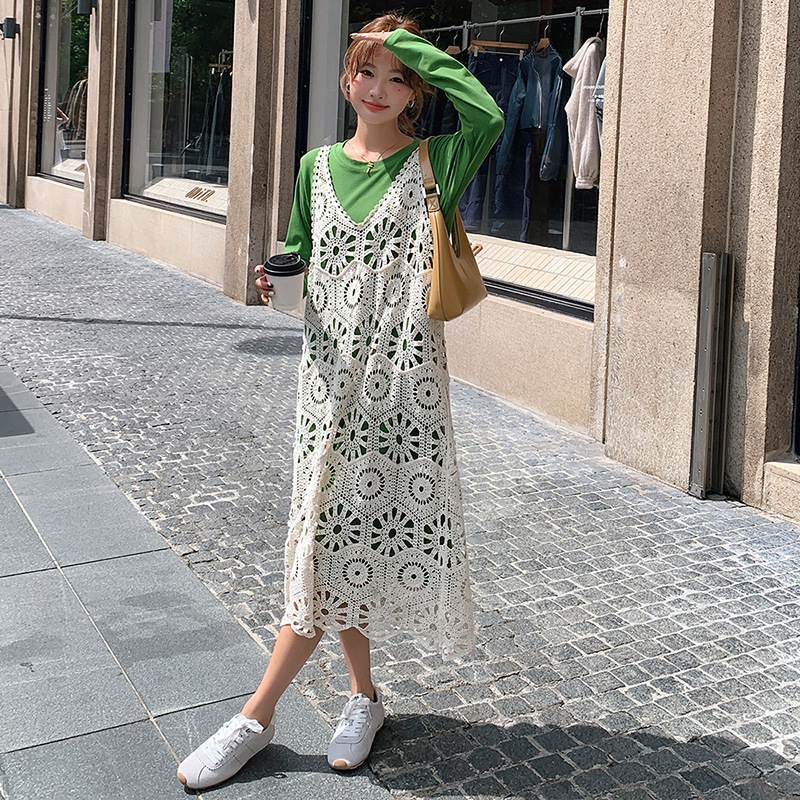 DouPB轻奢实拍时尚镂空罩衫套装连衣裙2024秋款减龄韩系轻熟两件