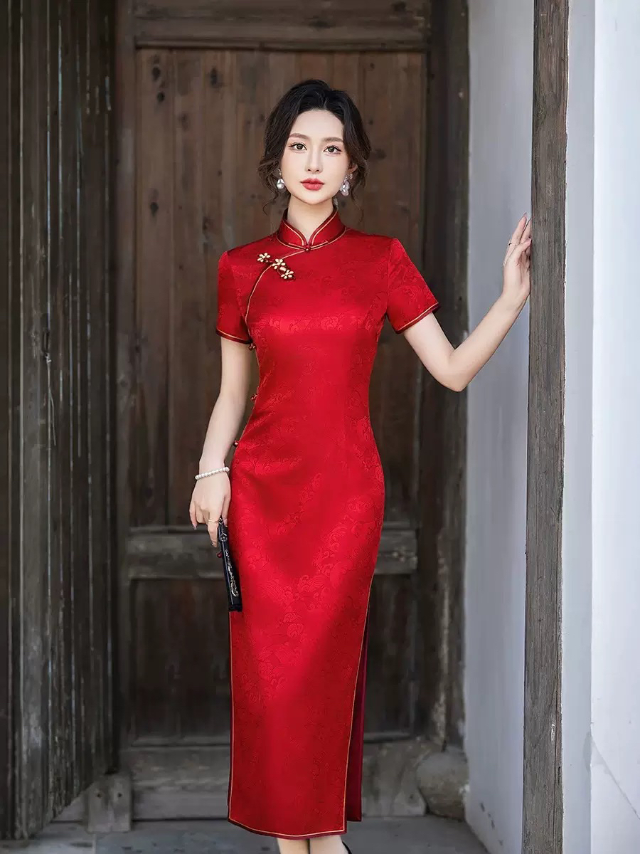 桑蚕丝（多色）长款真丝手工旗袍新中式喜妈妈婆婆婚宴礼服日常HQ