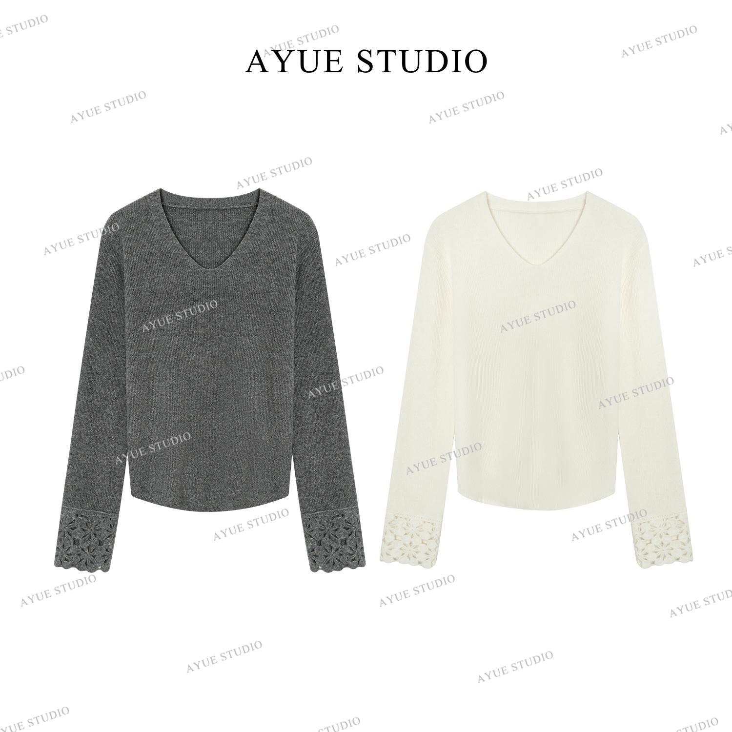 AYUE「赤华」100%绵羊毛V领袖口拼接立体钩花蕾丝打底衫2138