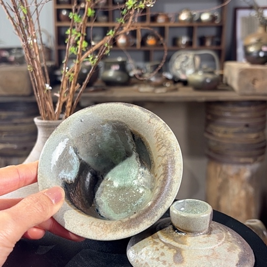 #1842柴烧裸烧窑变落灰手工盖碗