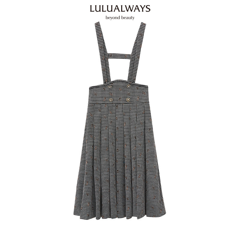 LULUALWAYS冬新款复古气质格子吊带百褶长半裙LMD4072