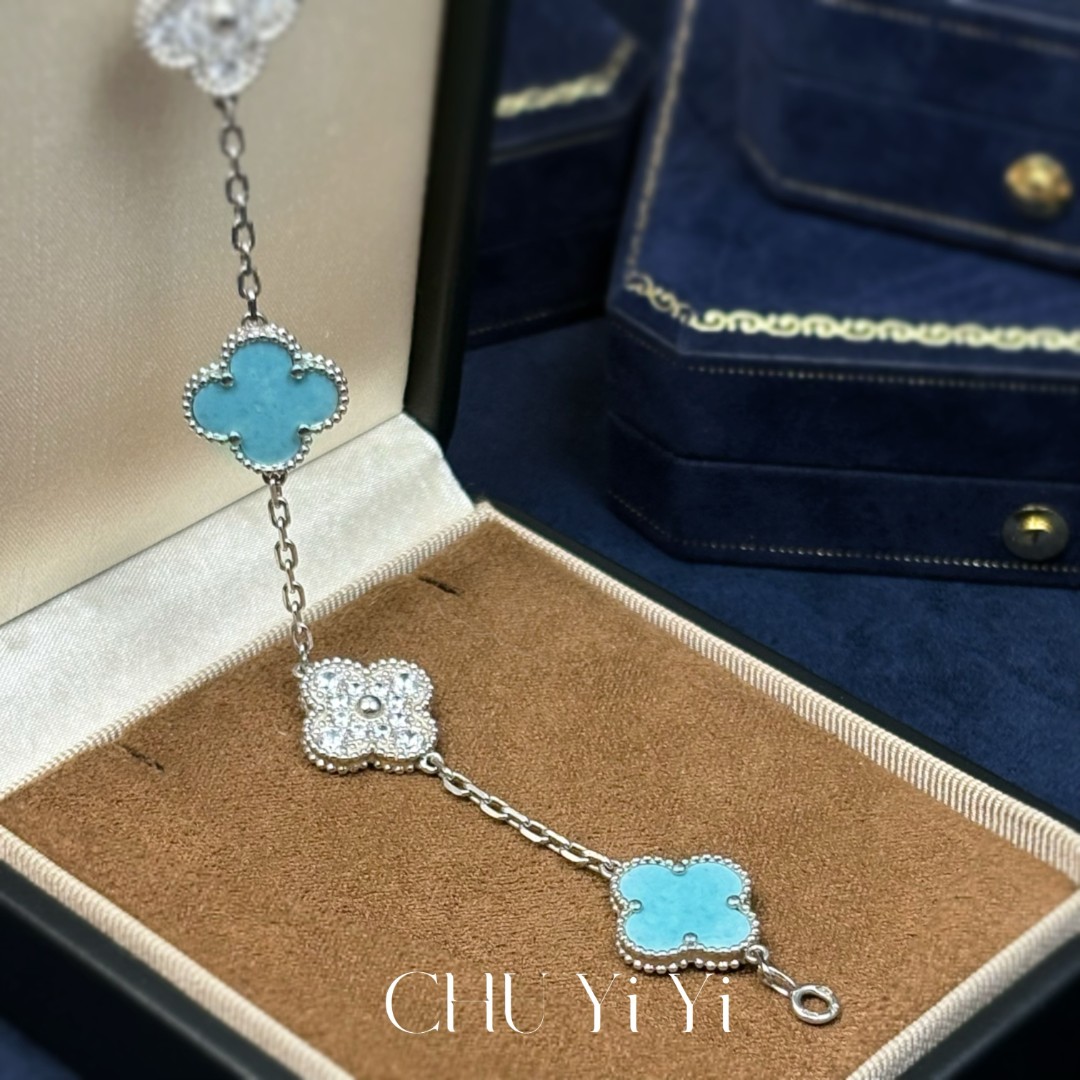 925银合成锆石手链 四叶花t蓝手链经典时尚小众AL404J