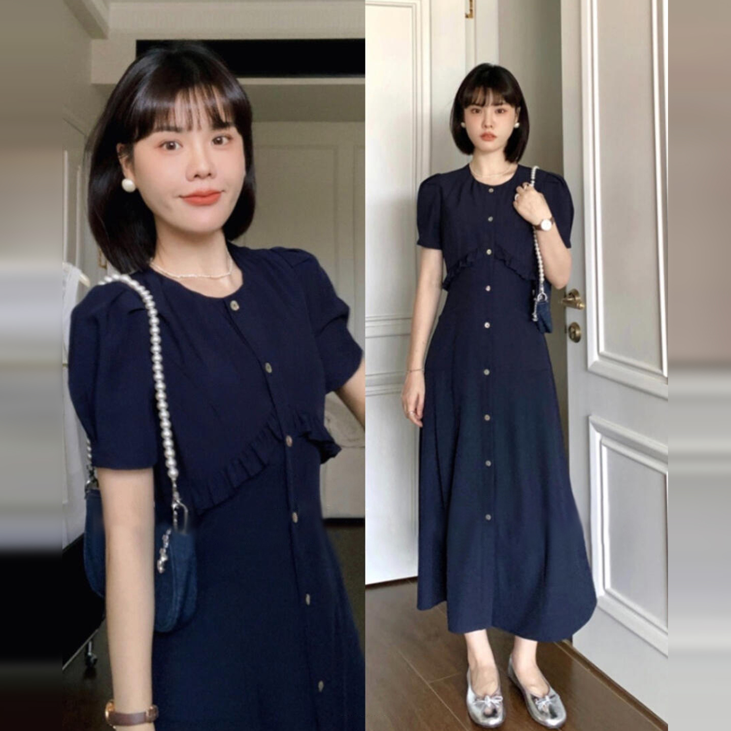 法式气质蓝色连衣裙子女夏季2025简单大方高级感收腰显瘦长裙5743