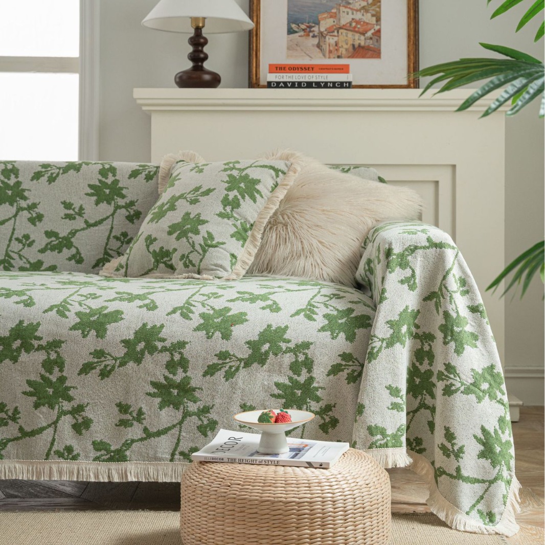 客厅卧室沙发巾美式防猫抓提花绿色花朵厚实沙发盖毯简约防滑防尘