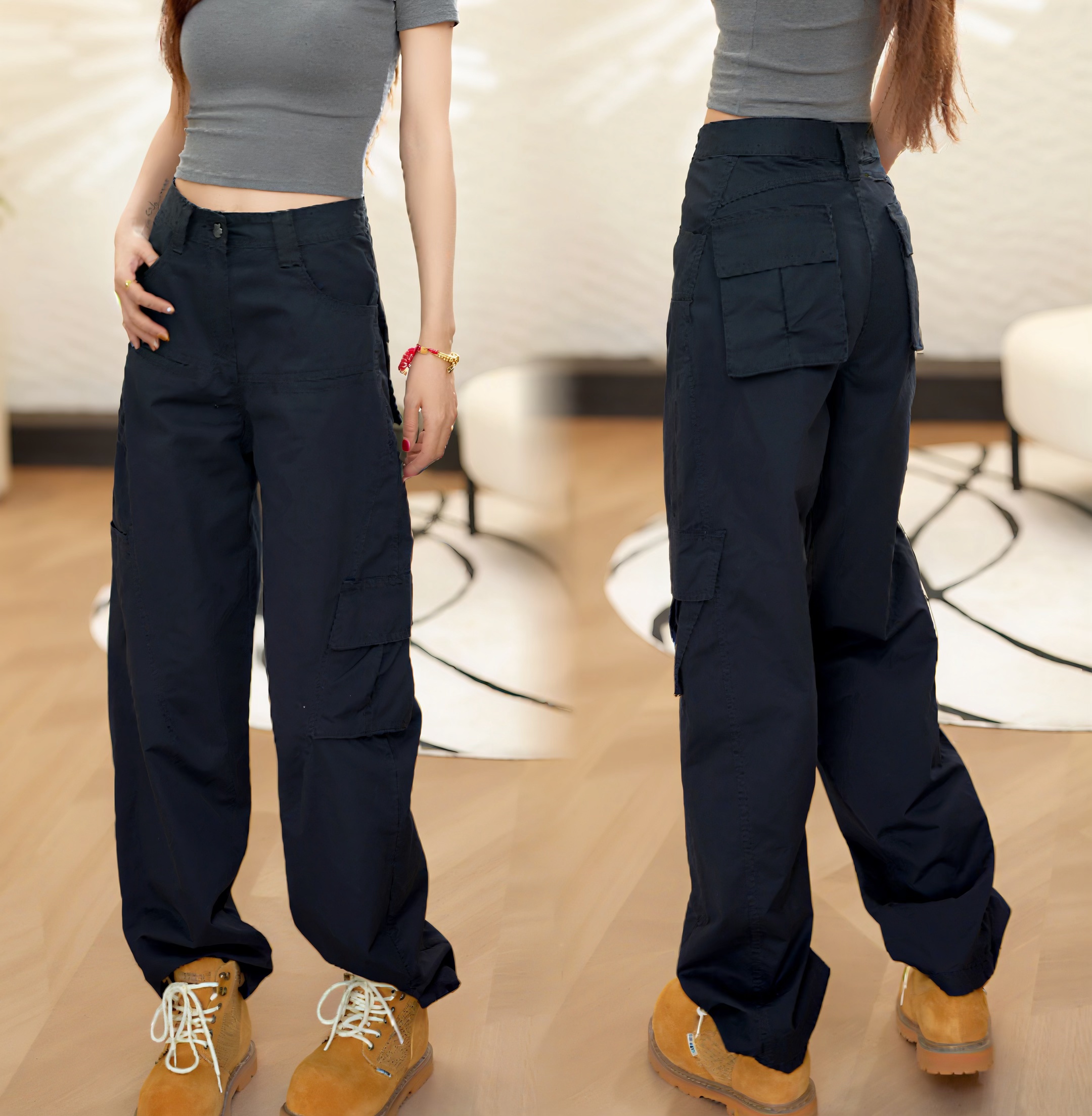 高个子长款早秋新款显瘦弯刀工装裤女装宽松直筒休闲裤梨形身材