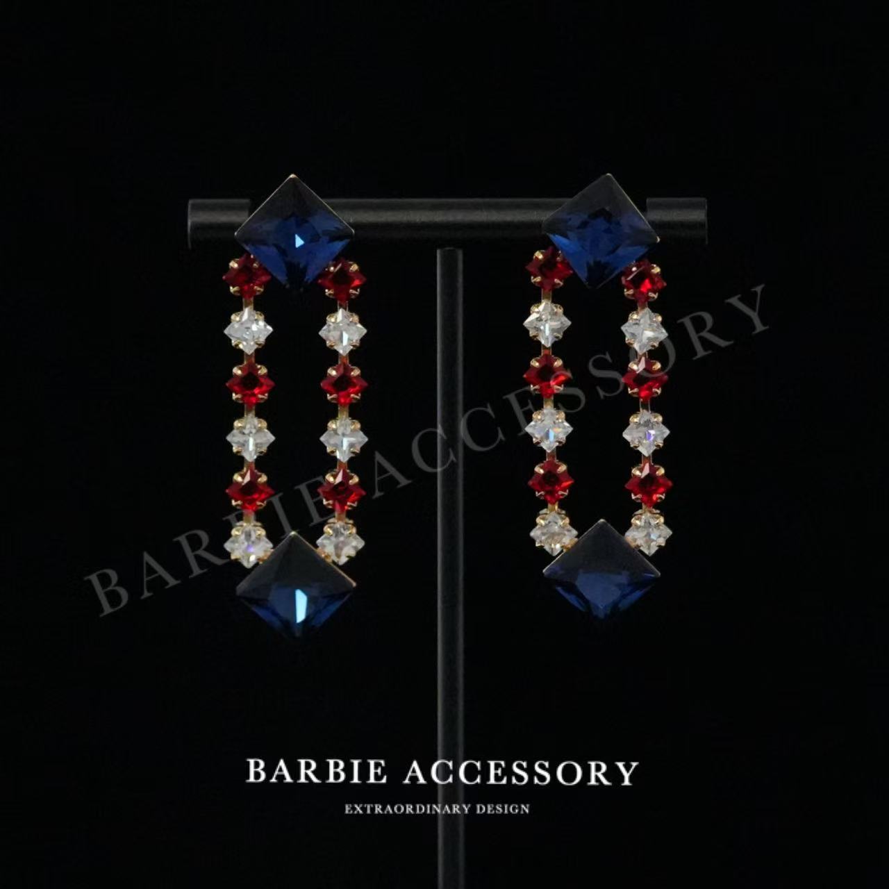 铜合金合成锆石耳饰 【蓝深红悠】法式中古轻奢设计款高级感耳环