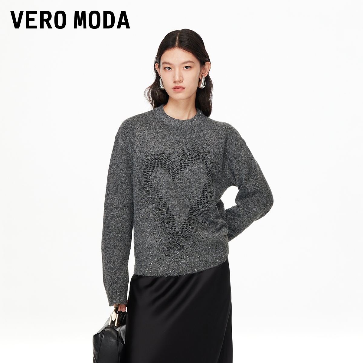 Vero Moda毛衣2025秋季新款爱心水钻图案落肩袖宽松上衣325313016