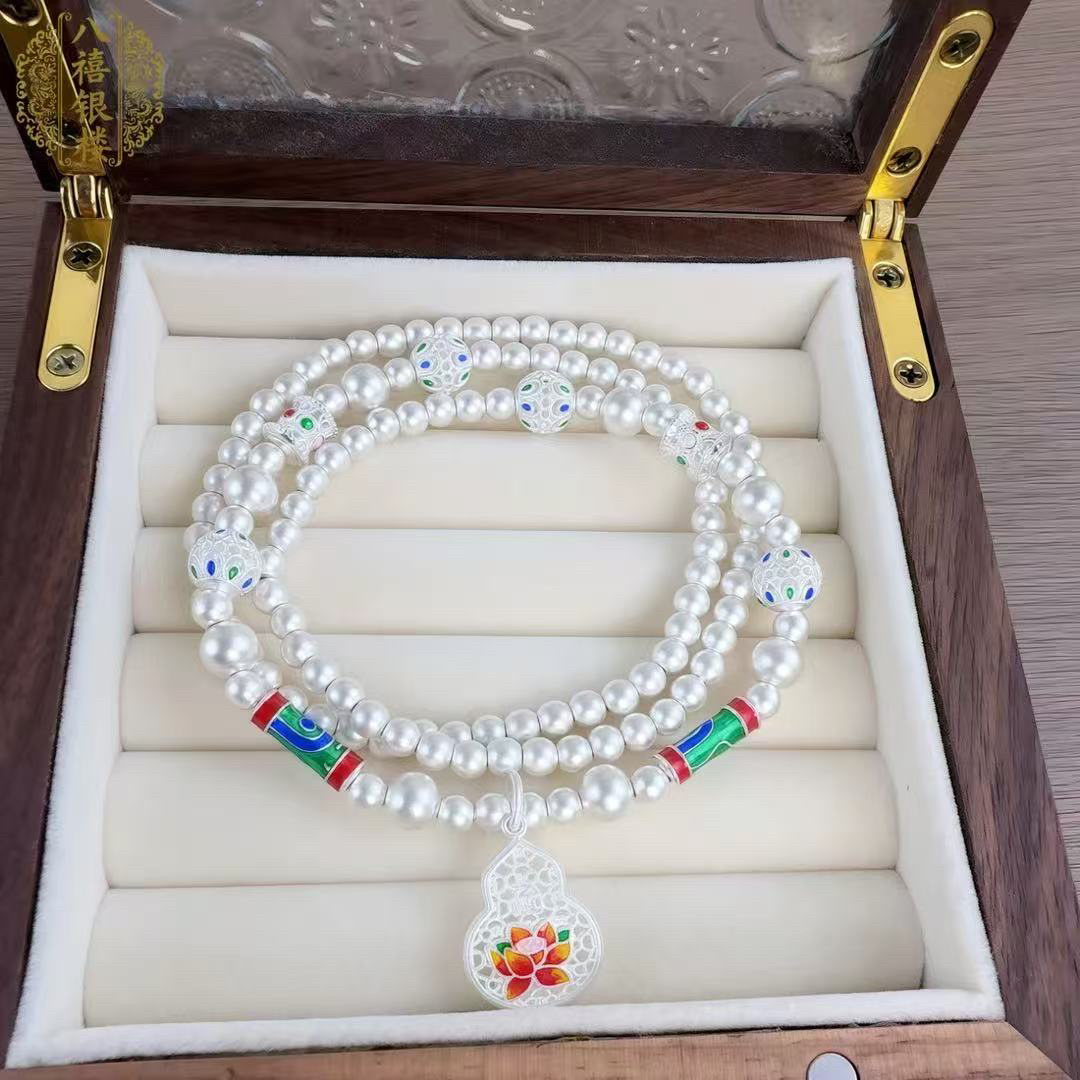 足银手链 H43足银9999珐琅彩手工串珠禅意古法手串项链两用叠戴
