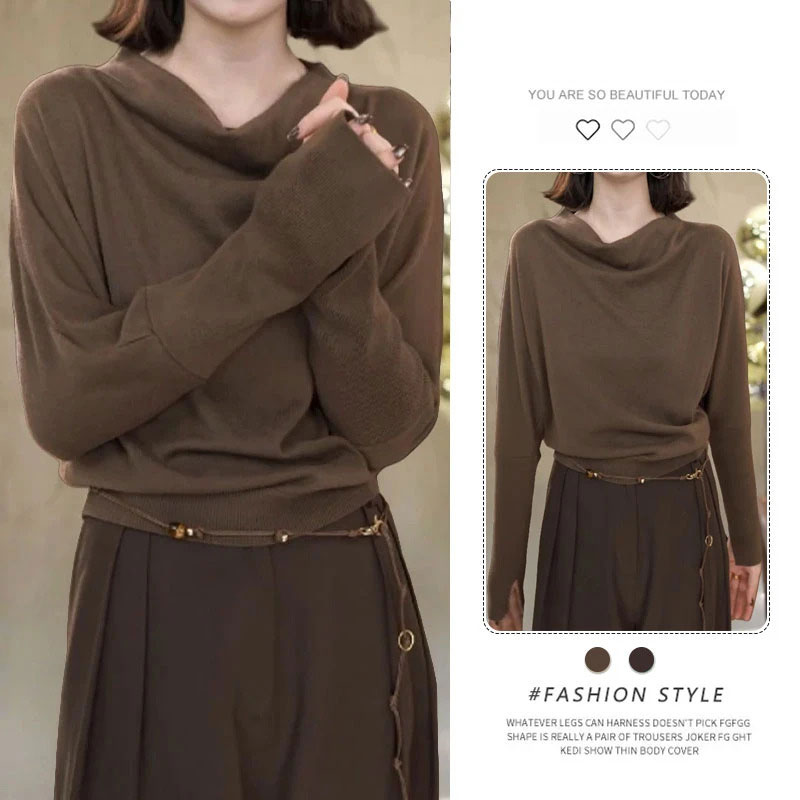 秋装新款荡领长袖T恤女士设计感修身显瘦减龄洋气打底针织衫上衣