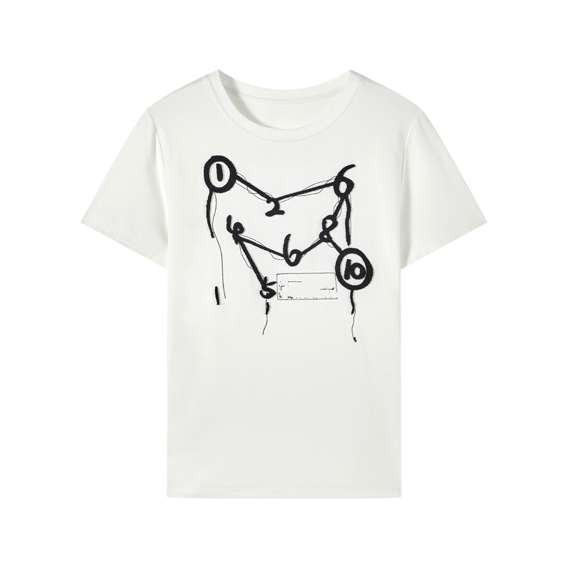 马家夏季简约百搭牙刷绣重工休闲百搭数字t桖修身弹力短袖女-7834