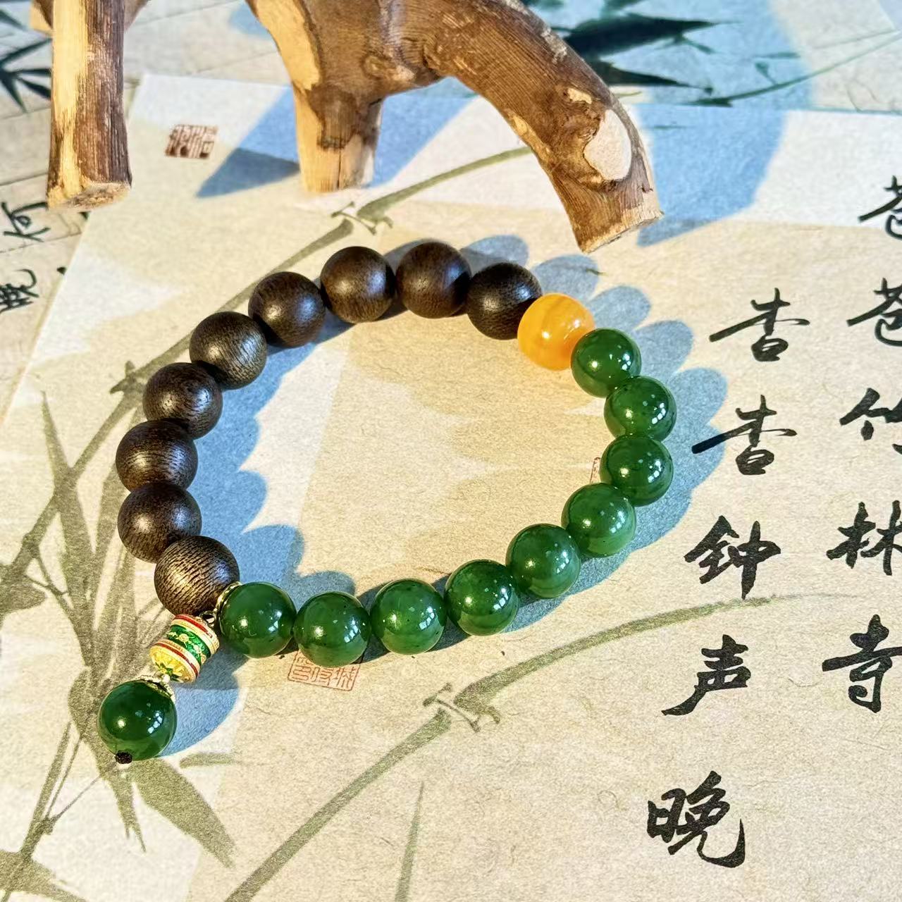 【景润·半壁江山】高阶俄碧菠菜绿微矿点莺歌绿棋楠高节油单圈手串