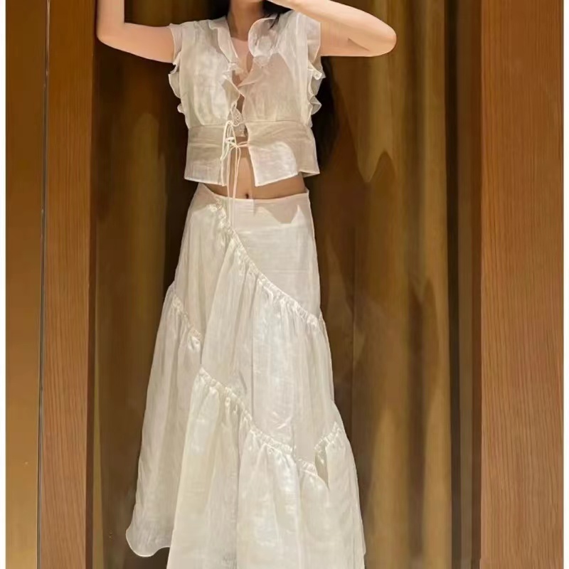 法式夏季新款气质亚麻半裙A字裙优雅白色蓬蓬纱裙长半裙女-62