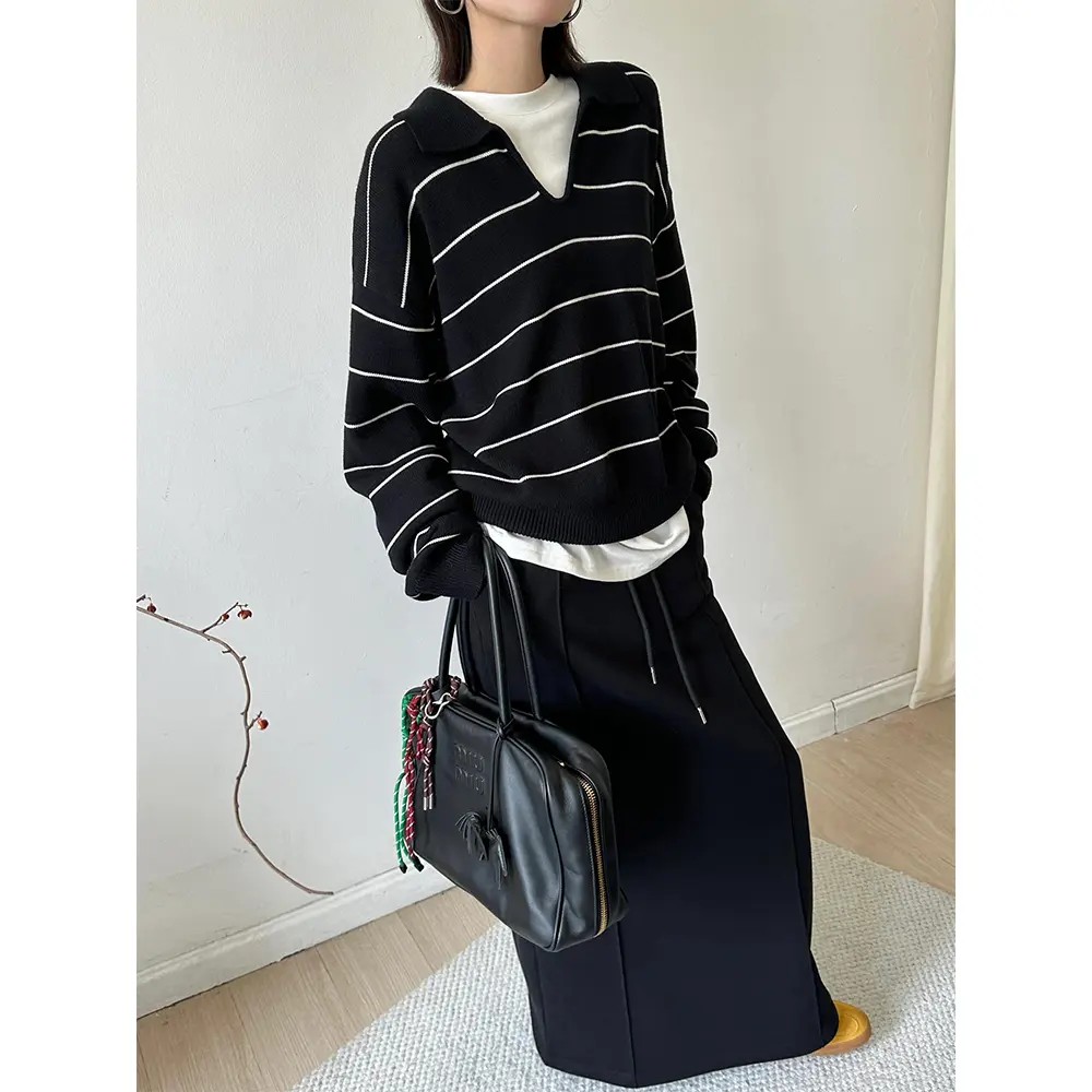 法式别致宽松慵懒风长袖上衣早秋休闲百搭条纹针织衣