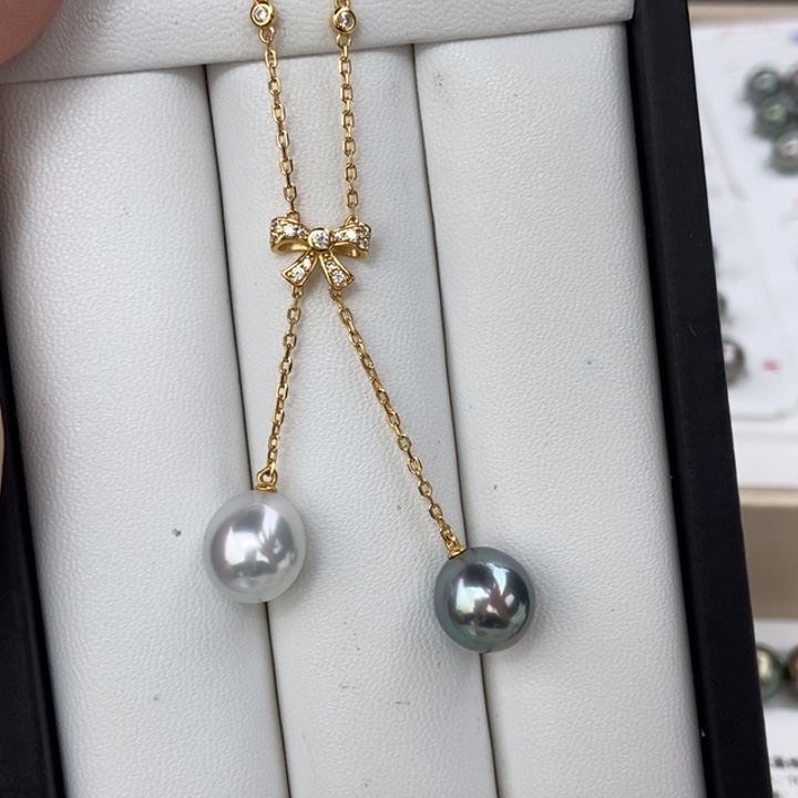 海水珍珠吊坠银S925镶嵌10-11mm澳白+大溪地双珠吊坠