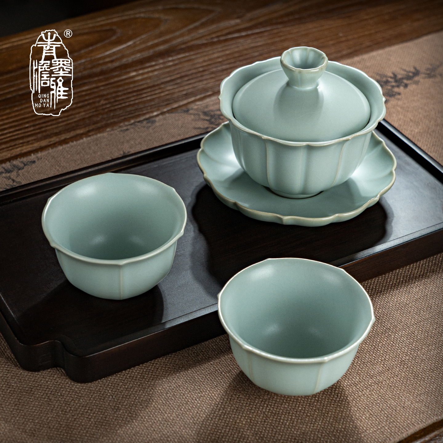 青澹墨雅汝窑天青承云玉润茶组景德镇三才盖碗茶杯复古青瓷天青色