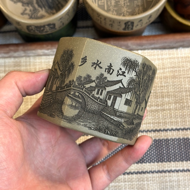 宜兴原矿精品六方江南水乡紫砂杯 泥料家藏蟹壳青 容量200毫升