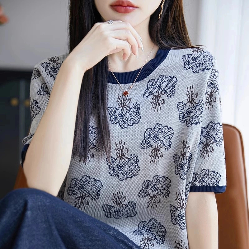 夏季百搭圆领时尚撞色针织短袖女高级感复古提花宽松透气T恤小衫