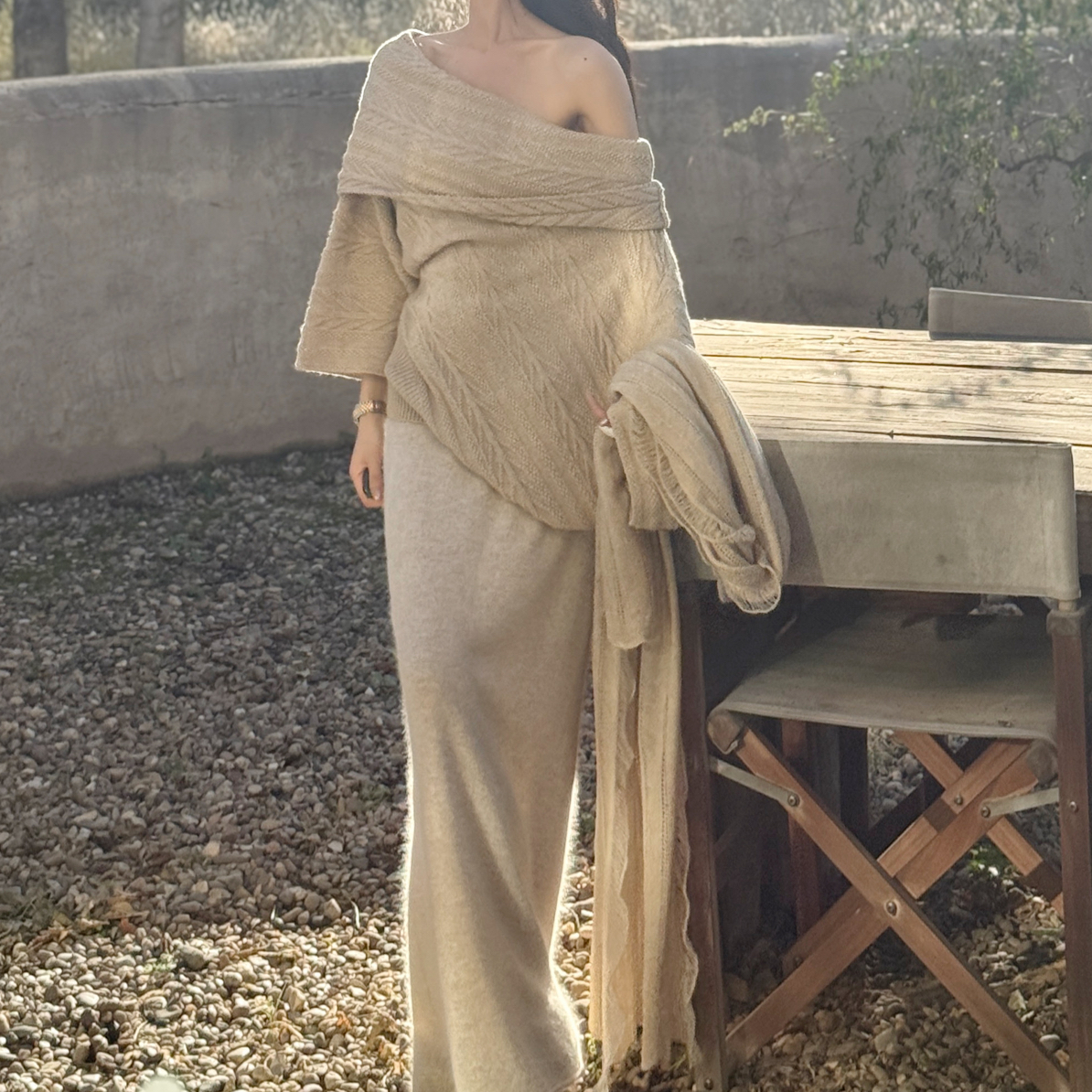 muli沐里秋冬季韩系慵懒风一字肩宽松露肩套头针织衫毛衣上衣