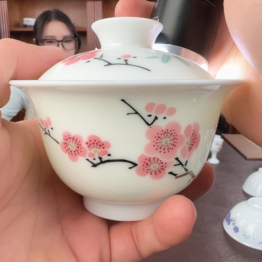 瓷玉泥翠竹红梅两才盖碗