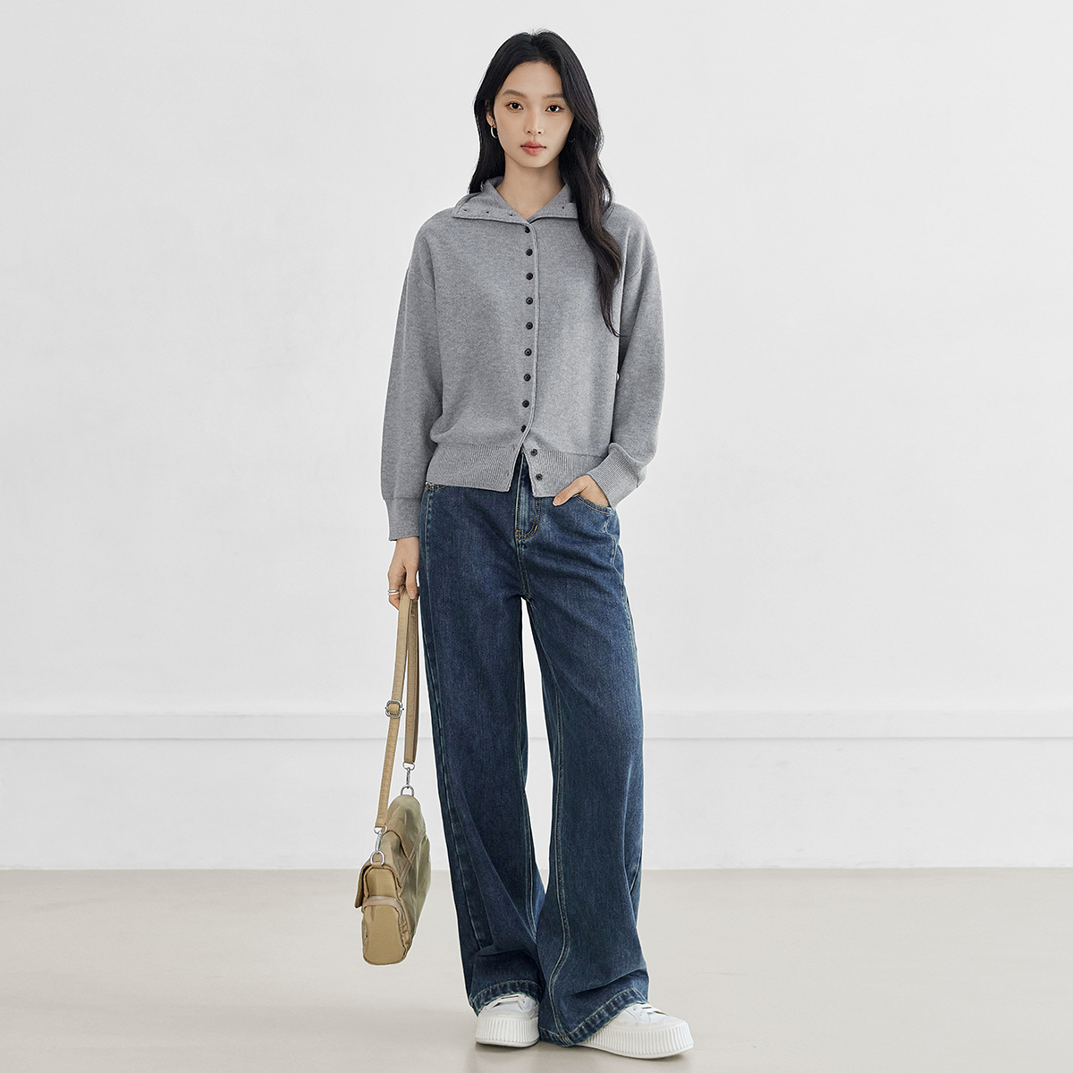 【女装优选WL】对白宽松直筒牛仔裤女2025冬季新款设计感长裤FDU115