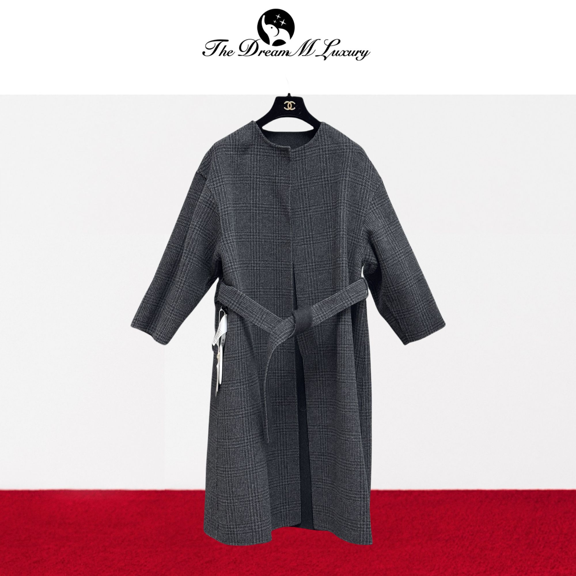 99新 DIOR/迪奥 F38码深灰色格纹双面穿圆领羊毛大衣，外套