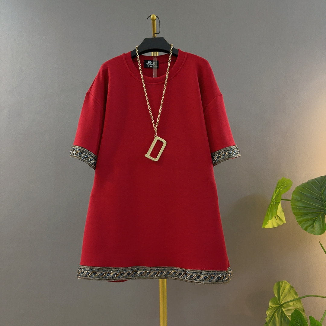 胖mm新款时尚圆领短袖民族风复古中式宽松遮肉中长款大码上衣红色