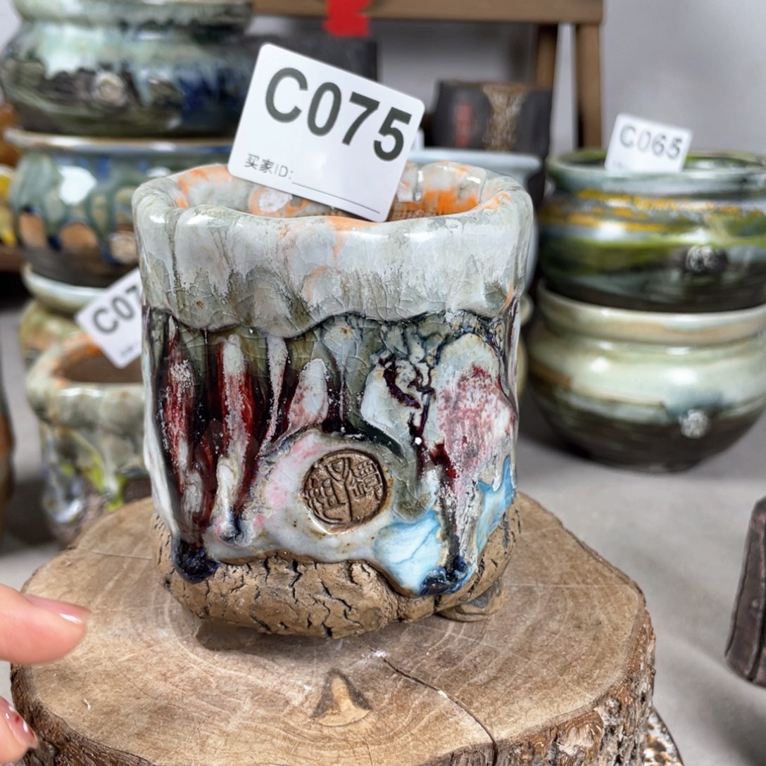 紫砂花盆孤品 不规则油画山石小老桩 内口6.5