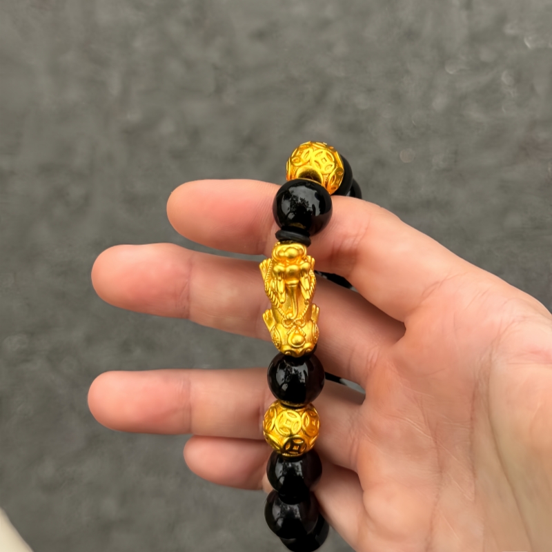 铜合金手链 轻奢镀金铜合金貔貅女款男士情侣手链貔貅手链黑色