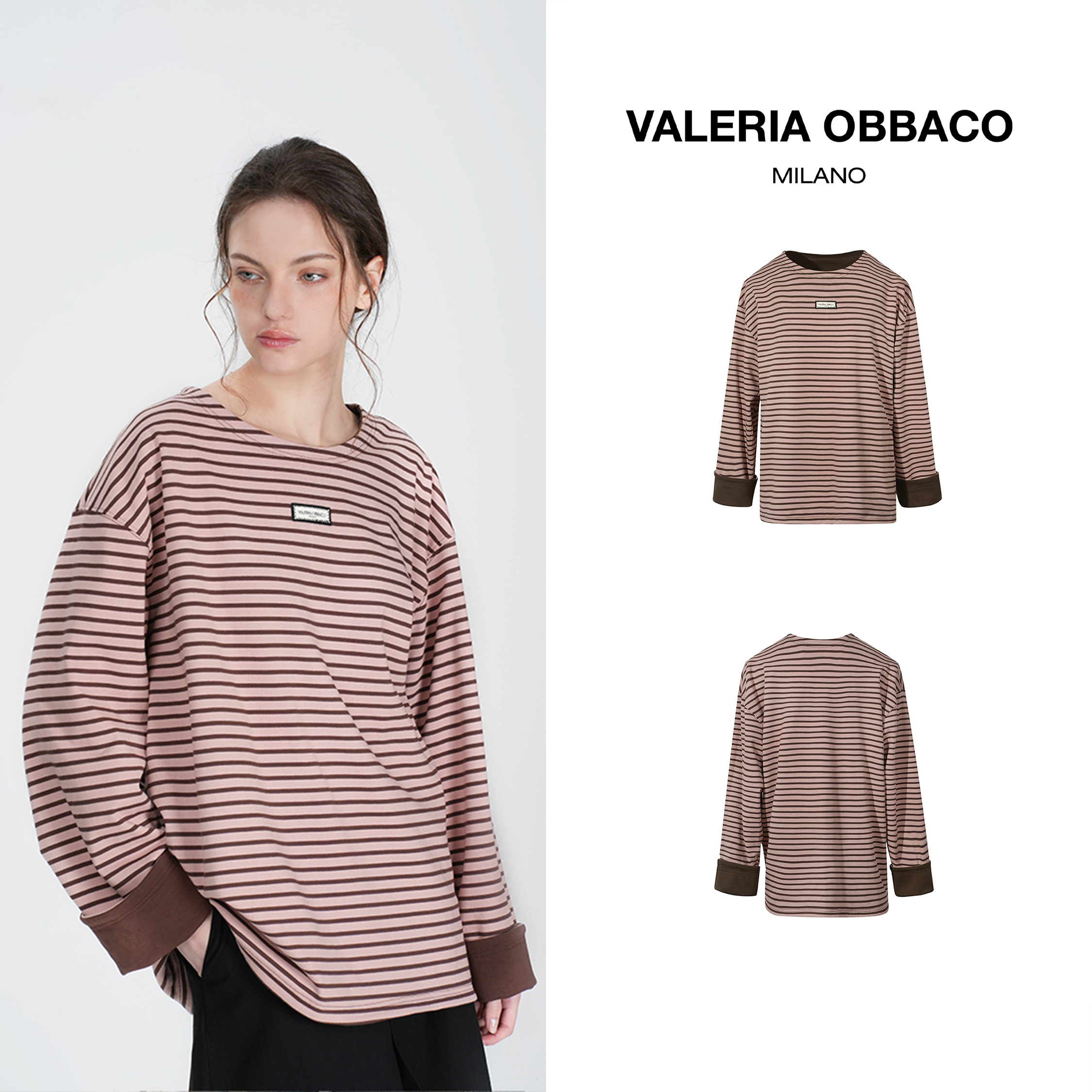 VALERIAOBBACO/瓦莱丽娅 奥贝科VO棕粉色条纹双面穿长袖T恤上衣女