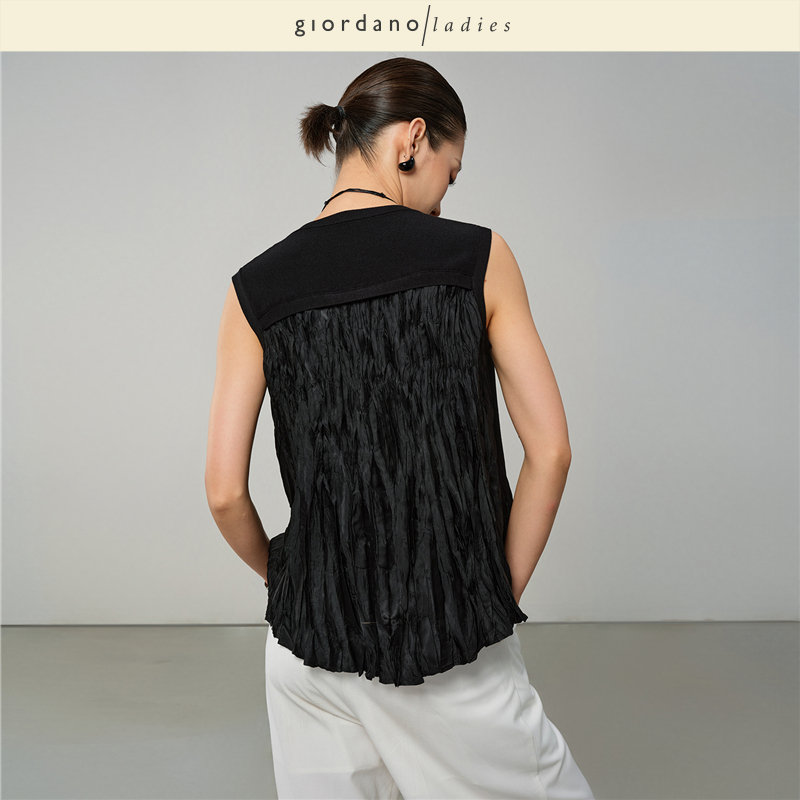 giordano ladies  毛梭织拼接压褶圆领无袖背心 02345014