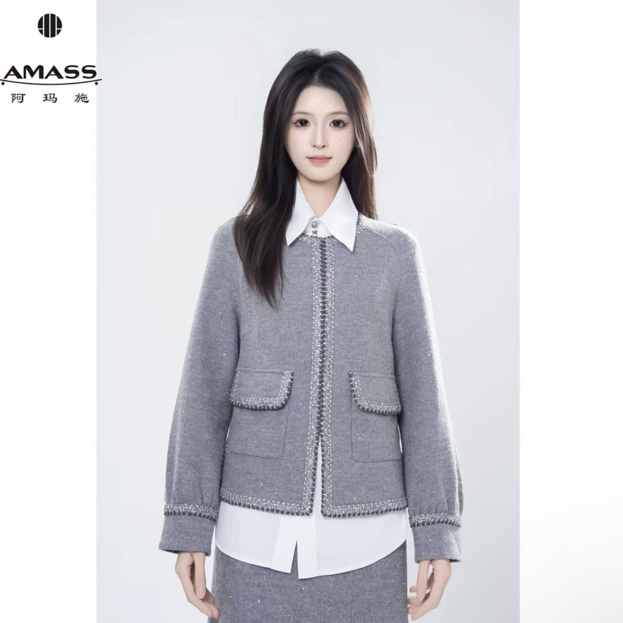 AMASS/阿玛施秋冬新款百搭绵羊毛细闪小香风外套5400312-42394