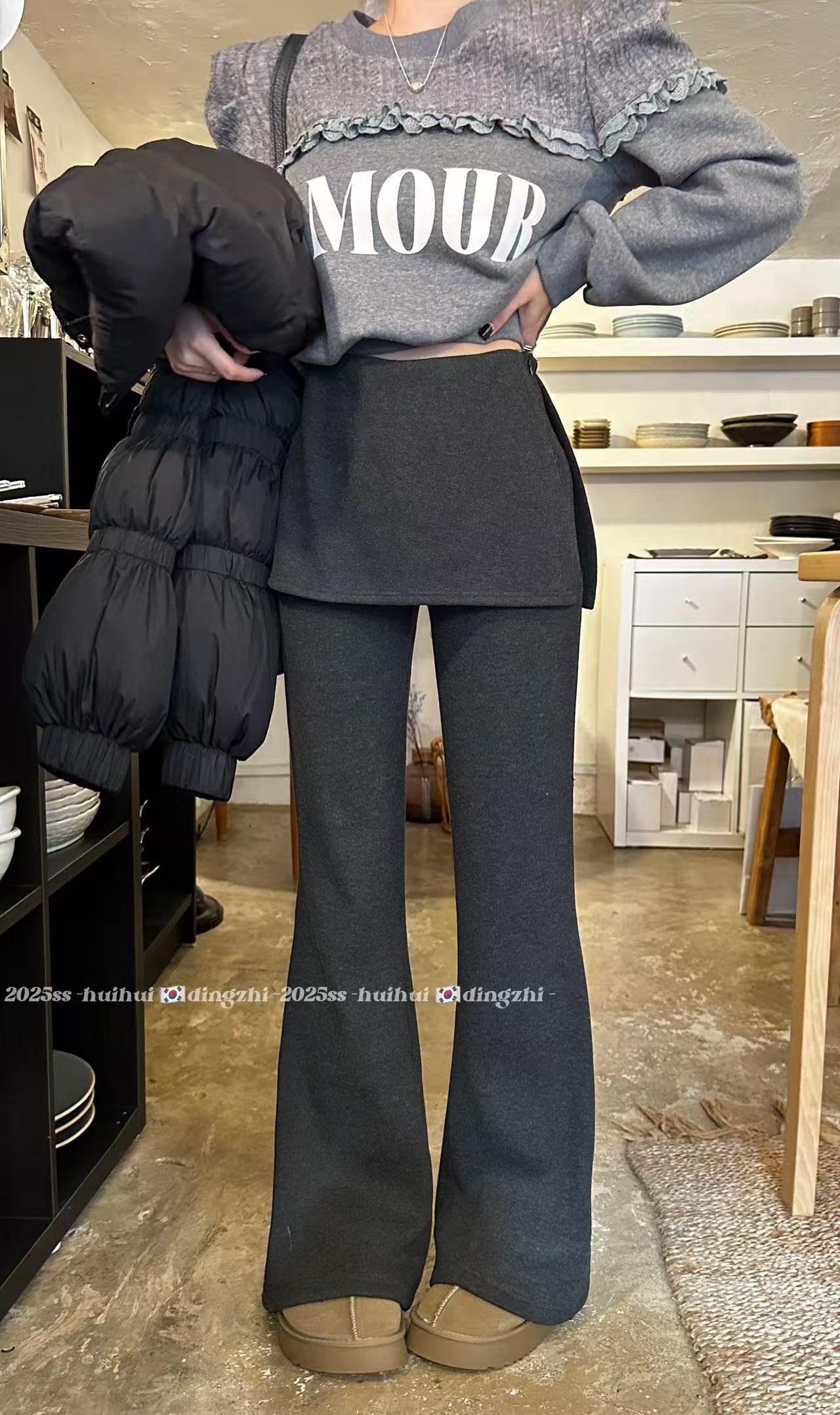 【HuiHui】韩国东大门设计感厚款假两件屁帘微喇裤长裤（L0319）