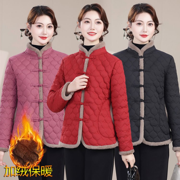 妈妈冬季新款加绒加厚棉袄洋气中老年人冬装宽松棉衣保暖棉服外套