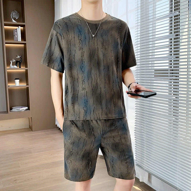 夏季短袖短裤休闲运动套装男士青少年个性时尚印花潮流两件套6610