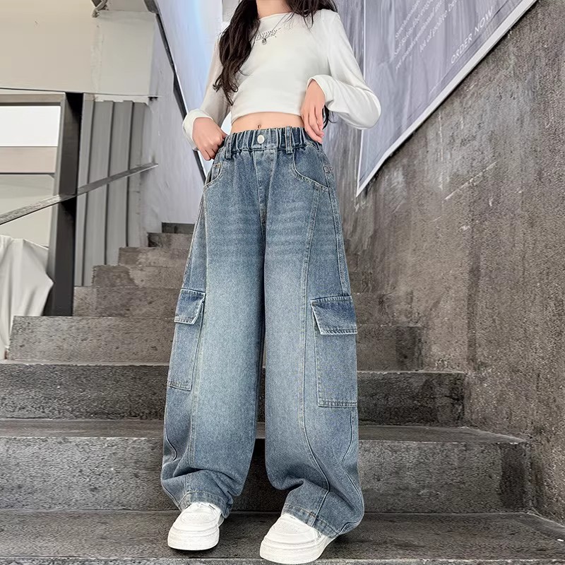 女童工装弯刀牛仔裤秋季2025新款儿童初中生阔腿裤中大童女孩裤子