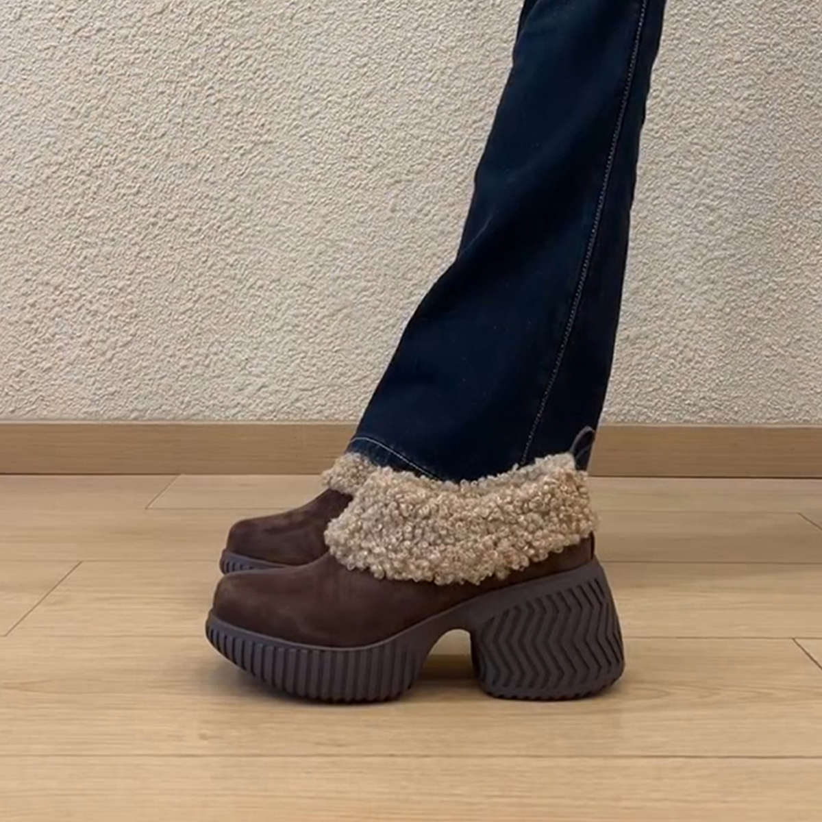 羊皮版~7cm小个子增高厚底女鞋一脚蹬加绒乐福鞋女毛毛鞋单鞋棉鞋