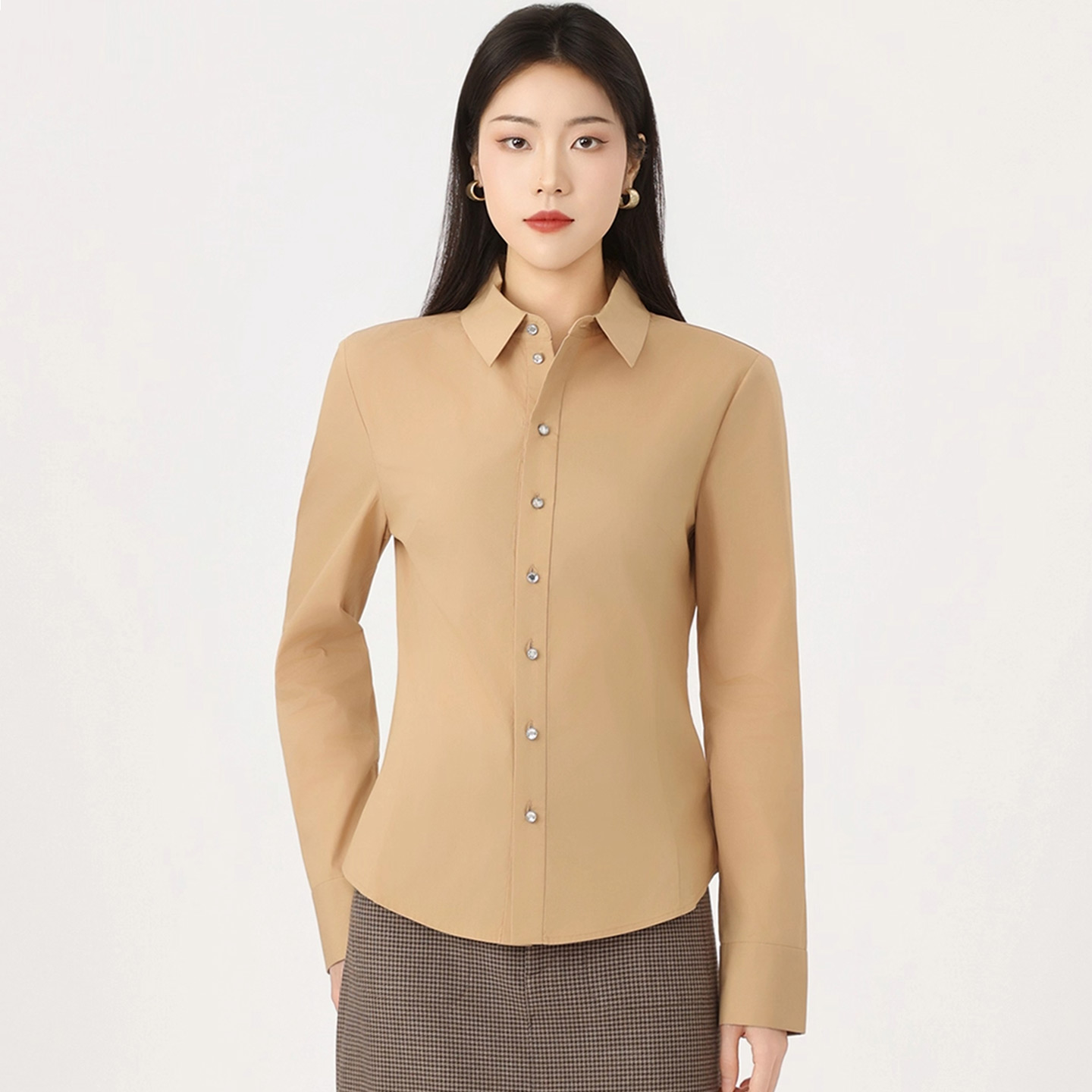 【商场同款】通勤轻职风翻领收腰长袖衬衫休闲修身质感衬衣女130146