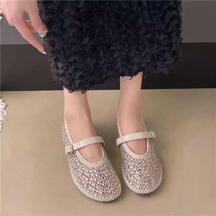水钻一字扣平底玛丽珍鞋女浅口单鞋性感网状透气渔夫鞋3002