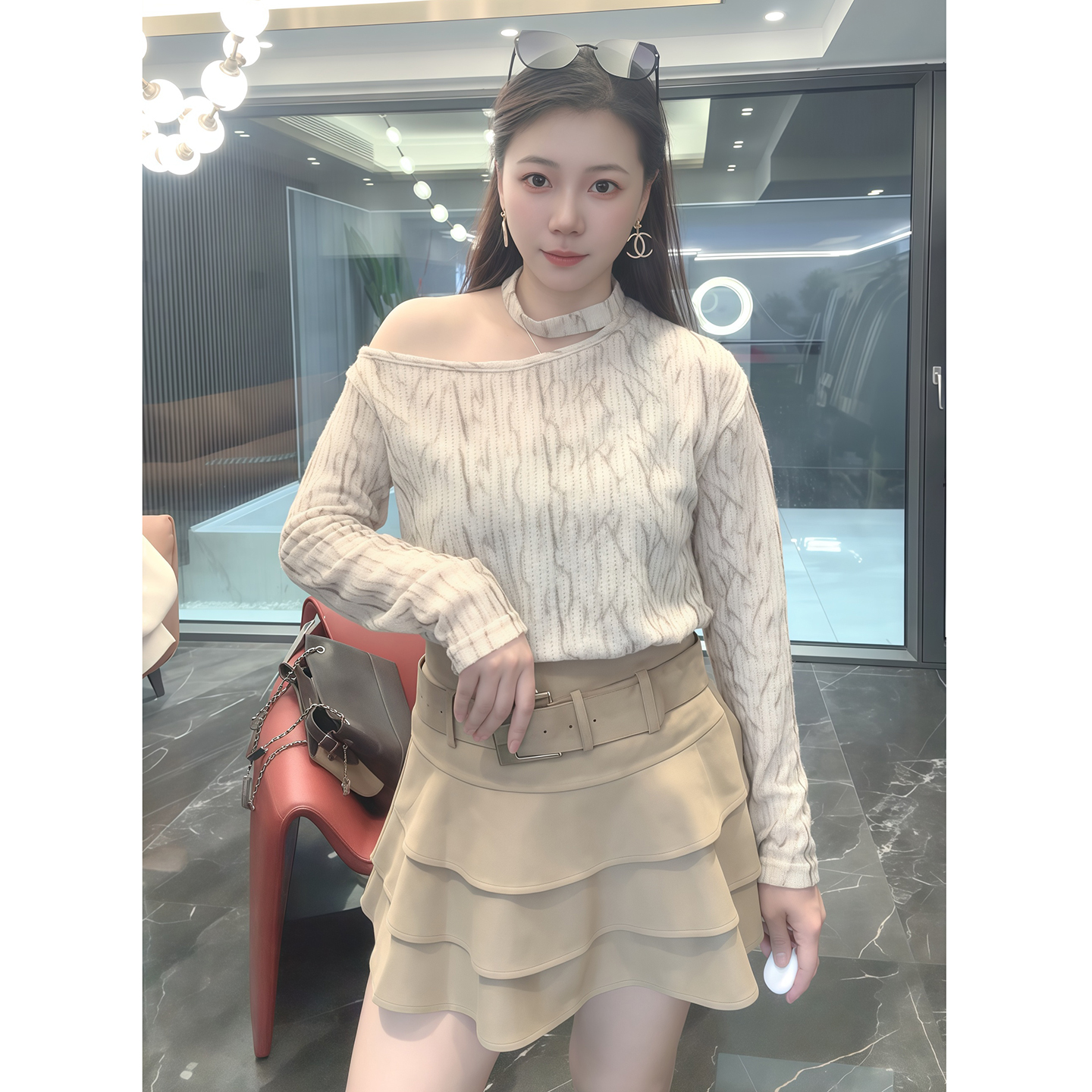 两件套装 秋季长袖套头款条纹针织毛针织衫蕾丝女装秋冬百搭