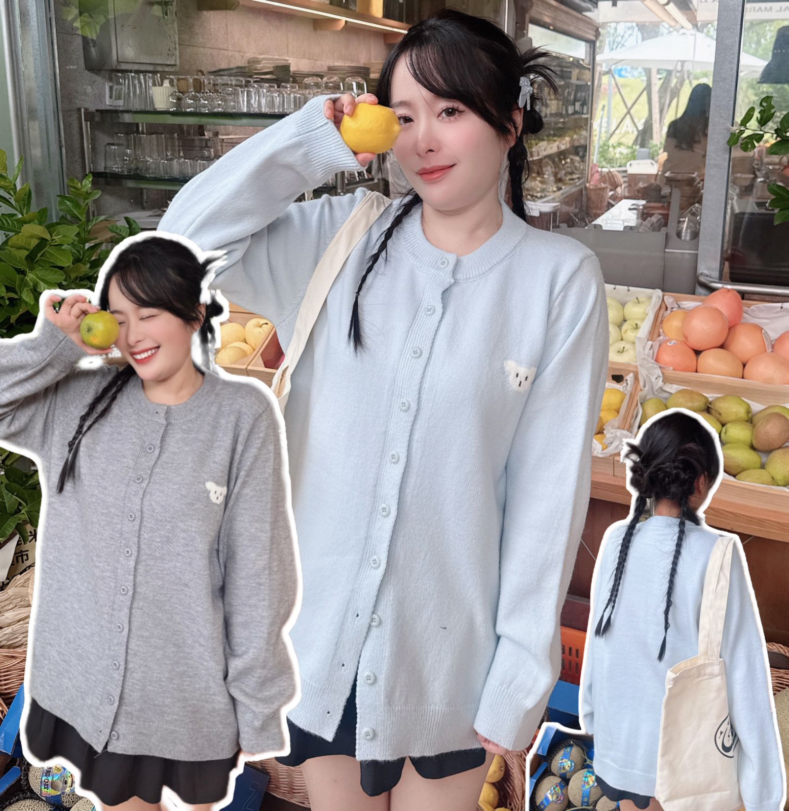 55016韩系温柔风小熊刺绣针织衫2025秋季新款外搭圆领大码开衫