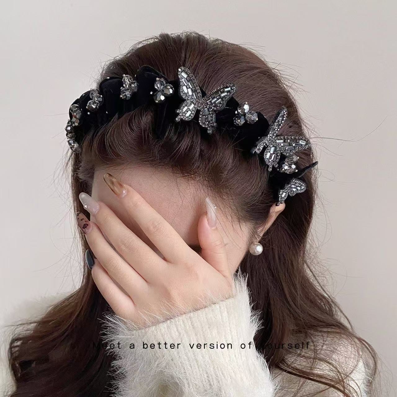 法式轻奢蝴蝶发箍优雅高级感精致立体闪钻发饰高颅顶防滑丝绒头箍